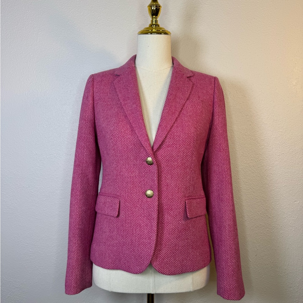 J. Crew Herringbone Blazer Pink Wool Blend jacket gold button size 4